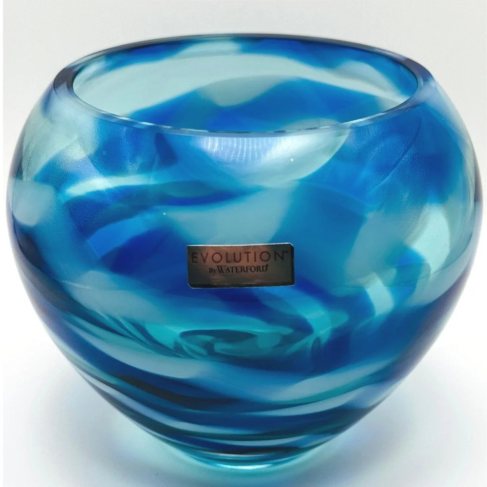 Waterford Evolution Cobalt Rush Art Glass Votive Bowl Candle Holder Poland